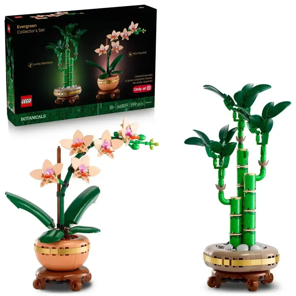 Official LEGO Botanicals Evergreen Collector’s Set 66809 featuring the Mini Orchid and Lucky Bamboo builds with box packaging
