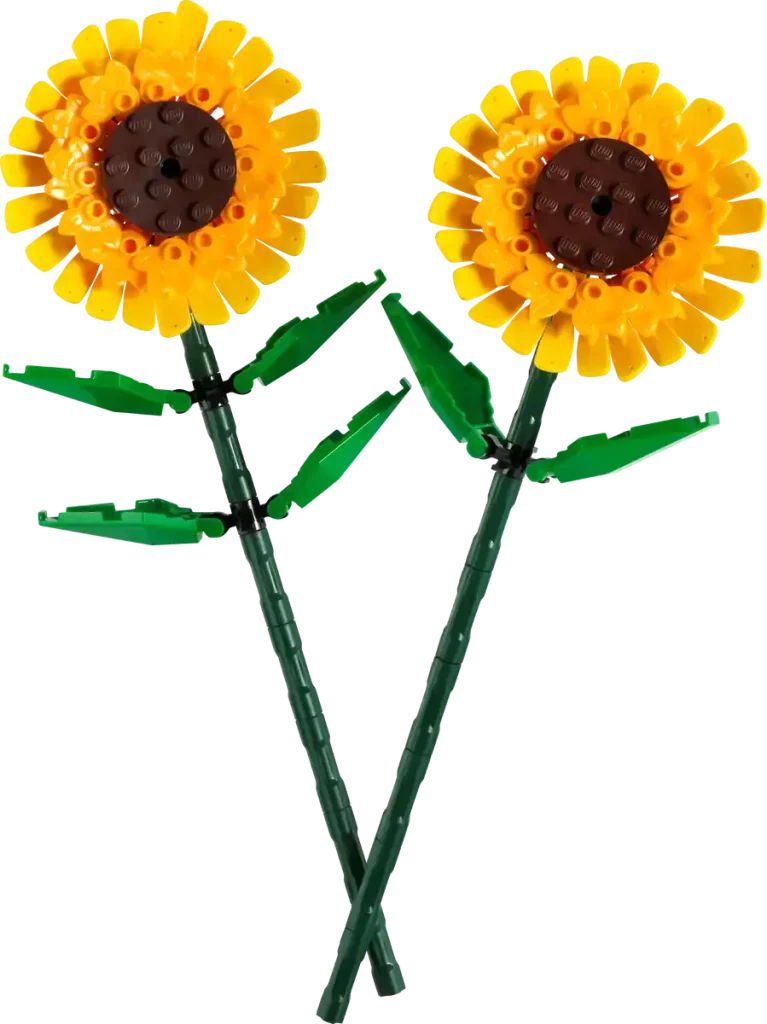 Official LEGO Sunflowers 40524 set featuring two bright yellow sunflower builds with green stems and leaves