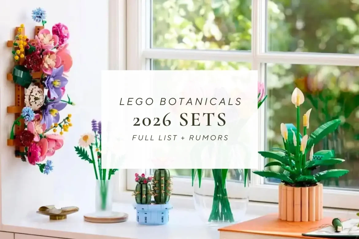 Featured image for LEGO Botanicals 2026 sets guide showing multiple LEGO botanical displays with text overlay about full list, release dates, prices, and rumors