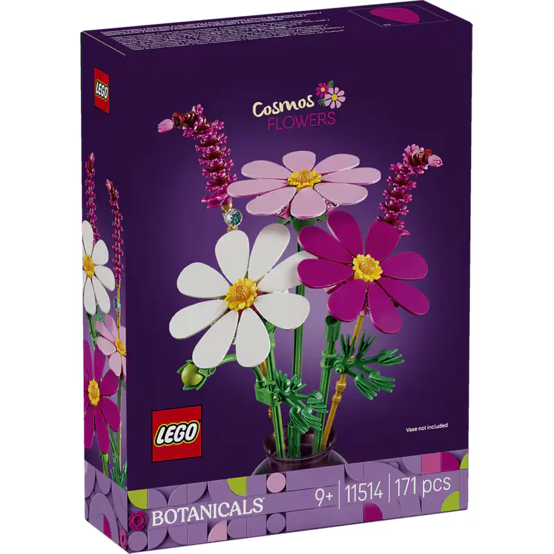 LEGO Botanicals Cosmos Flowers 11514 box showing white pink and purple flowers