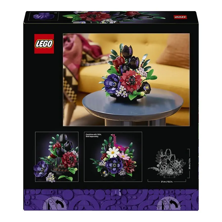 Back of the LEGO Botanicals Dark Flower Arrangement (11513) box showing the completed display, modular arrangement options, and combination example with other Botanicals sets.