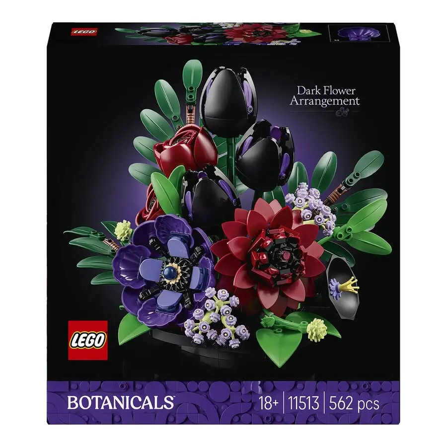 Front box art for LEGO Botanicals Dark Flower Arrangement (11513) featuring black tulips, dark roses, purple flowers, and deep red blooms.