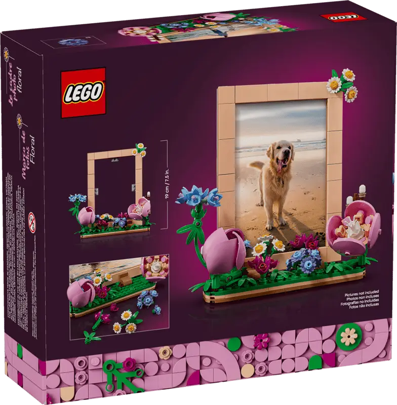 Back of the LEGO Botanicals Floral Picture Frame 40916 box showing build details and display options