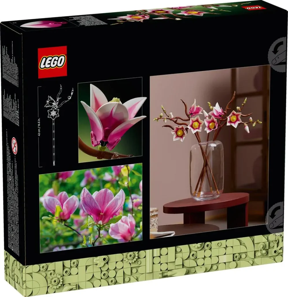 Back of the LEGO Botanicals Magnolia Branches (11510) box showing close-up flower details and a styled vase display.