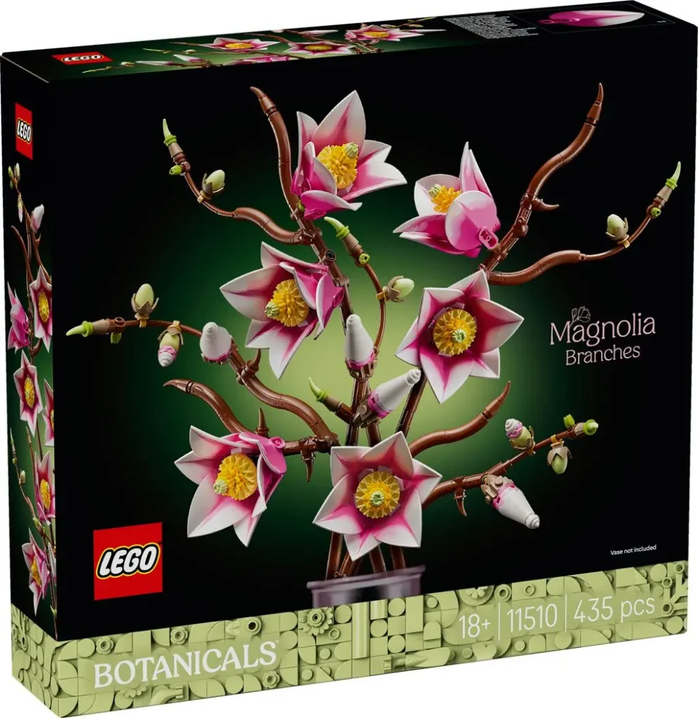 Front of the LEGO Botanicals Magnolia Branches (11510) box showing sculptural branches with pink and white magnolia blooms.