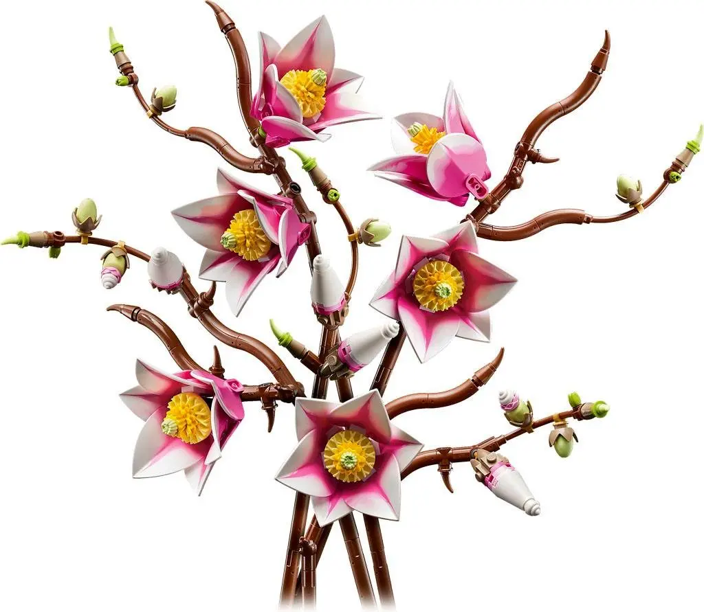 LEGO Botanicals Magnolia Branches (11510) showing pink magnolia flowers and branching stems on a white background.