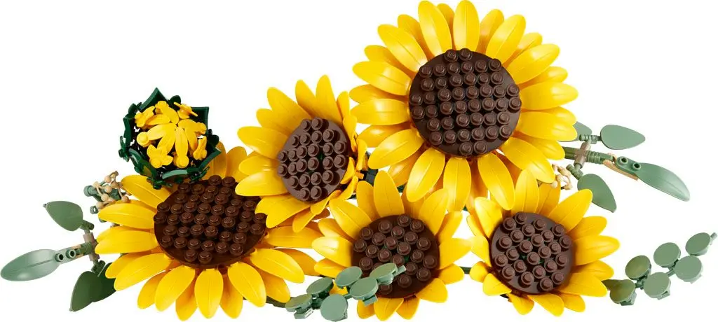 LEGO Botanicals Sunflower Bouquet (11502) featuring large yellow sunflower blooms with green stems and foliage.