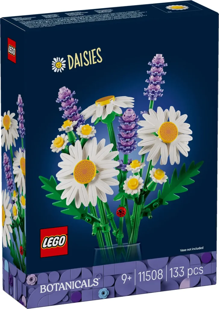 Front box view of LEGO Daisies (11508) from the 2026 LEGO Botanical Collection, featuring white daisies and purple lavender with a navy box design.