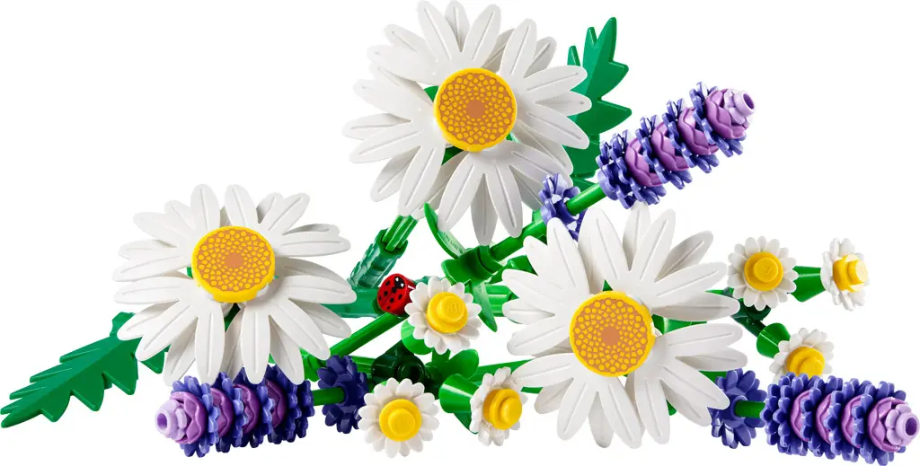 LEGO Daisies (11508) build featuring white daisies, lavender stems, yellow buds, and a red ladybug from the 2026 LEGO Botanical Collection.