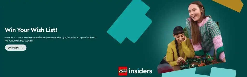 LEGO Insiders Win Your Wish List promotion featuring two women building LEGO Botanicals and LEGO flowers from the LEGO Botanical Collection.