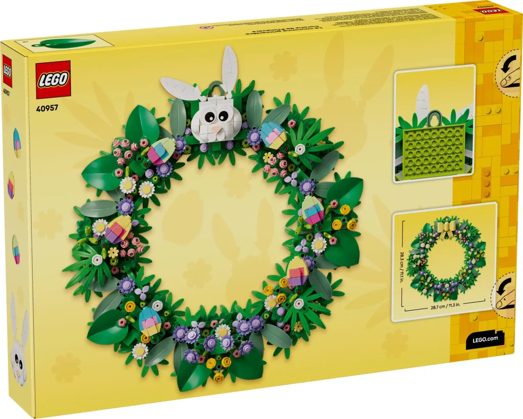 Back view of the LEGO Spring Wreath 40957 box showing alternate build options, bunny head detail, hanging display, and wreath dimensions.