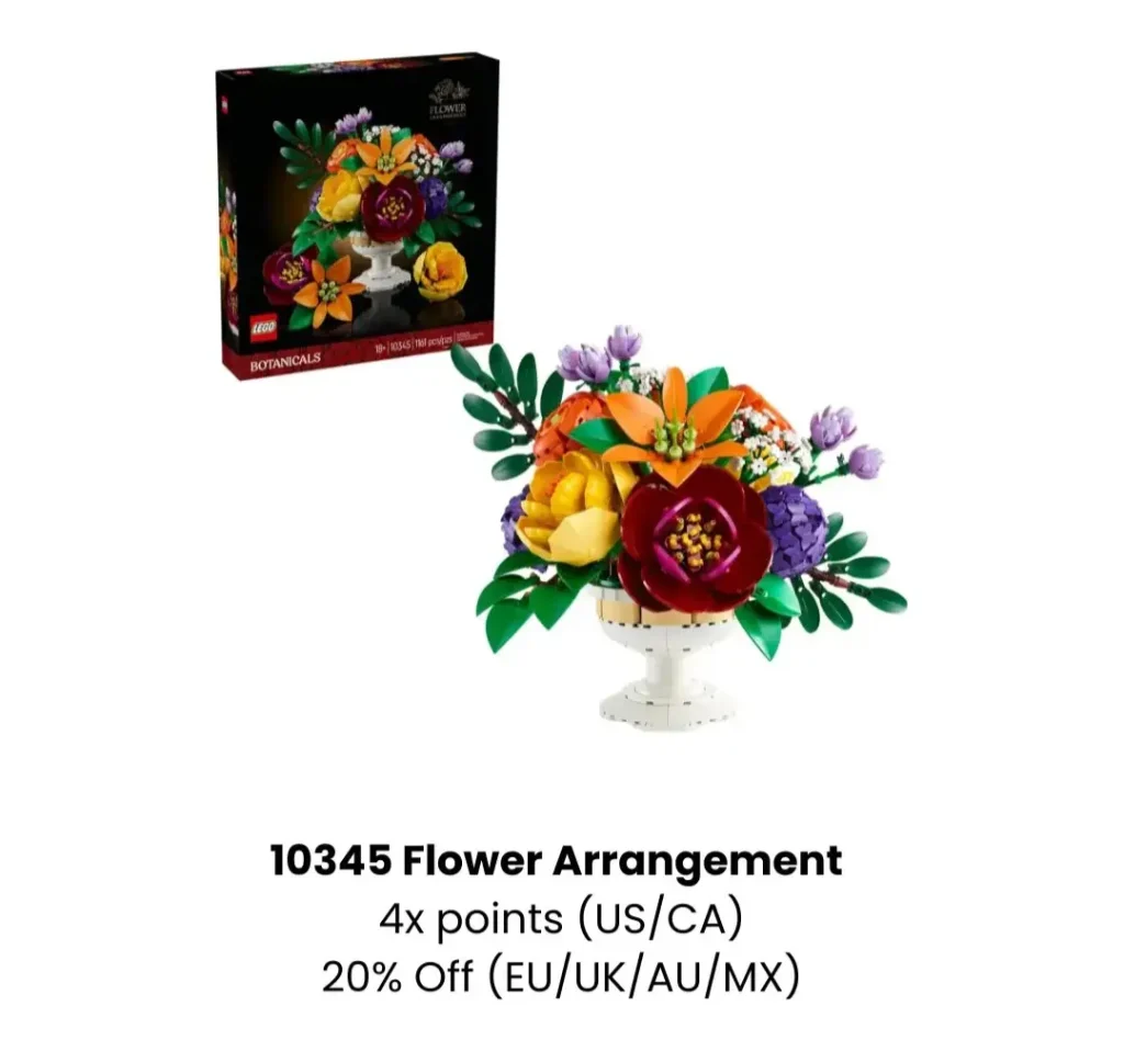 LEGO Flower Arrangement set 10345 shown with its box, highlighting the 4x LEGO Insiders Points promotion for the US and Canada.
