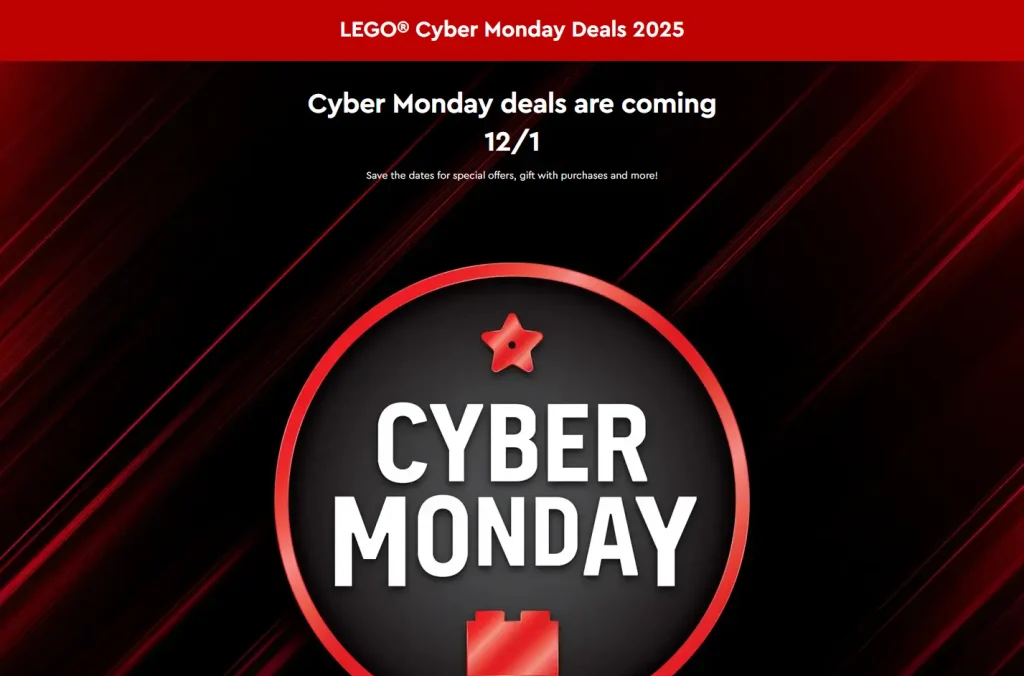 LEGO Cyber Monday 2025 banner with red and black graphics and a circular Cyber Monday logo from the LEGO.com promotions page.
