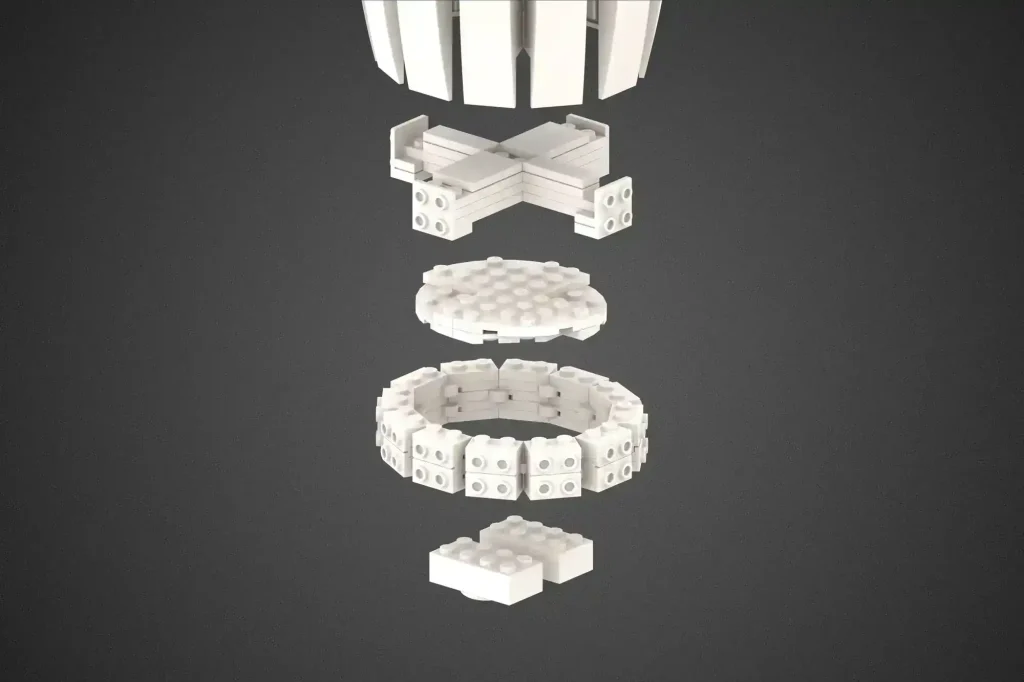 LEGO Ideas Peace Lily pot construction by Thiago Brisolla showing the internal build structure with stacked circular LEGO pieces and Technic gear core.