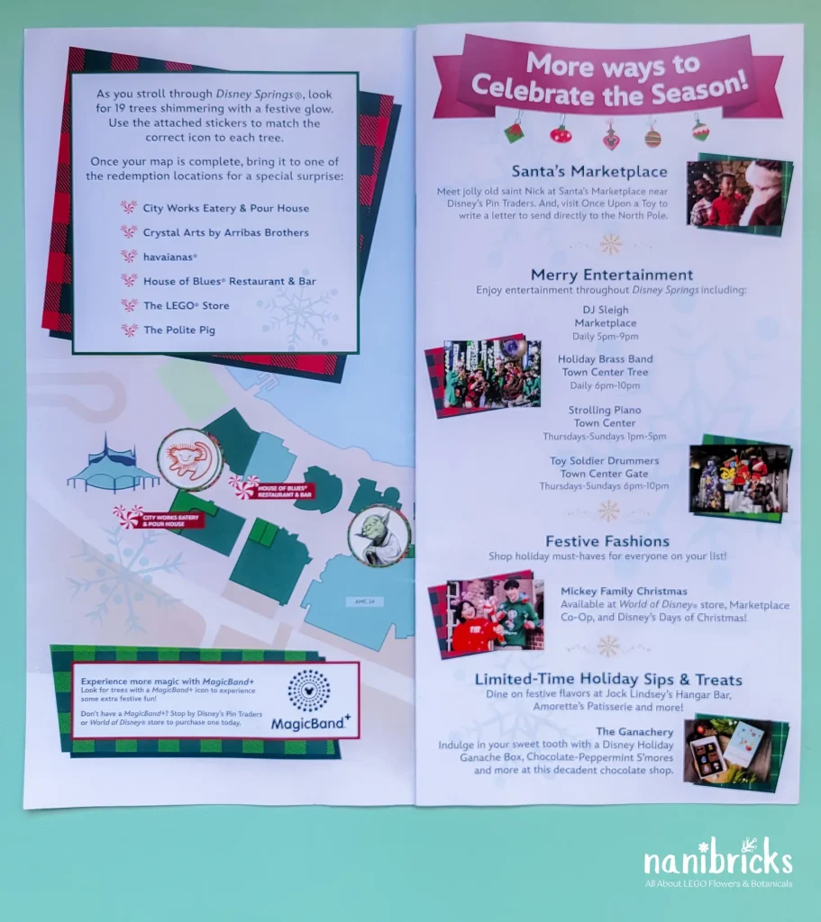 Inside pages of the Disney Springs Christmas Tree Stroll 2025 activity map showing redemption locations, entertainment options, and holiday offerings.