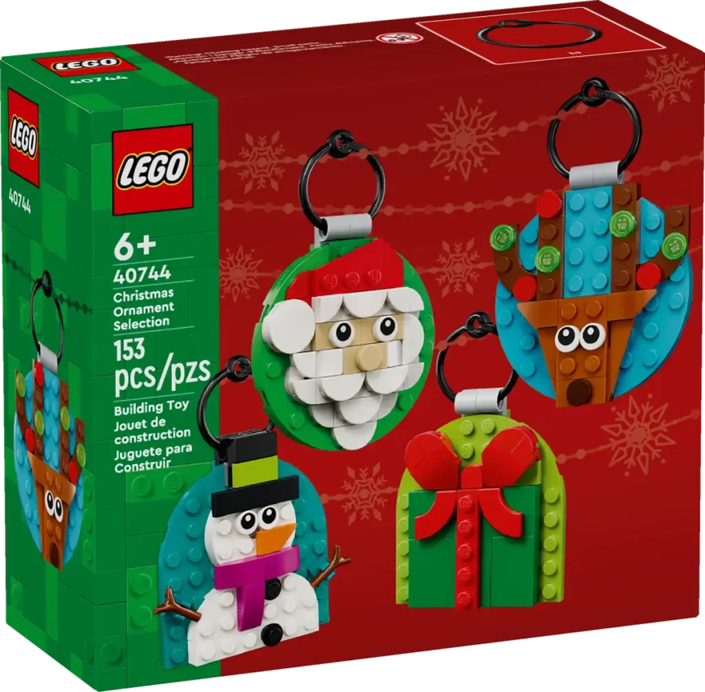 LEGO Christmas Ornament Selection 40744 box showing four buildable holiday ornaments including Santa Claus, snowman, reindeer, and gift designs.