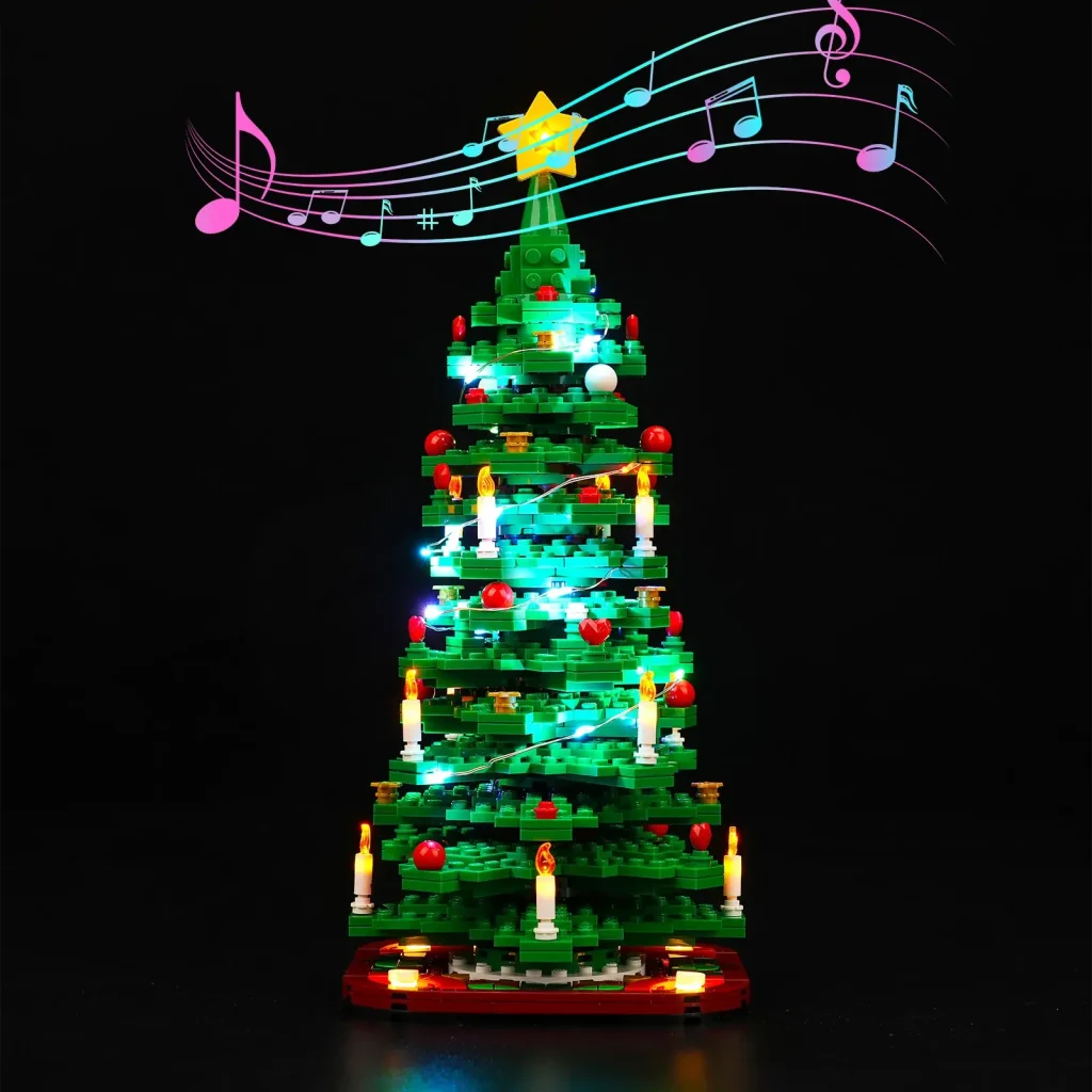 LEGO Christmas Tree 40573 with the BrickBling Musical Version light kit featuring glowing LEDs, bright candles, a lit star topper, and animated musical notes.
