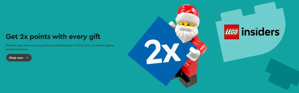 LEGO Insiders 2x Points December 2025 banner with LEGO Santa holding a blue 2x sign and promotional text.