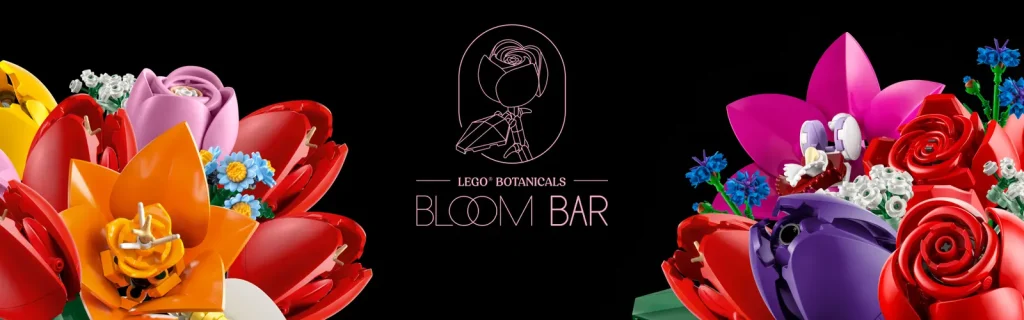 LEGO Botanicals Bloom Bar event banner featuring colorful LEGO floral builds on a black background with the Bloom Bar logo centered.