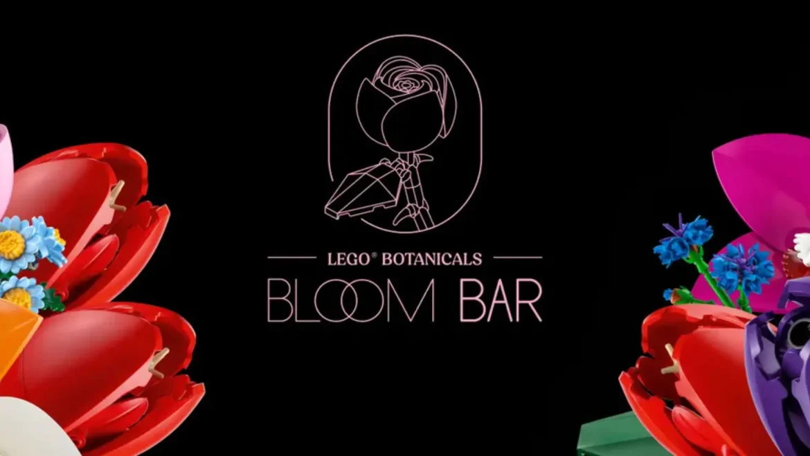 LEGO Botanicals Bloom Bar logo centered on a black background with colorful LEGO floral builds partially visible on each side.