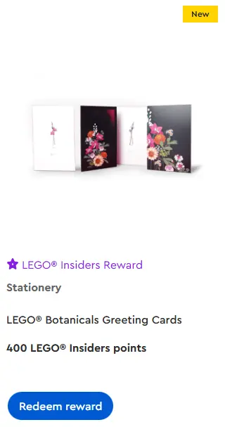 LEGO Botanicals Greeting Cards listed as a LEGO Insiders reward requiring 400 points, shown with four floral card designs.
