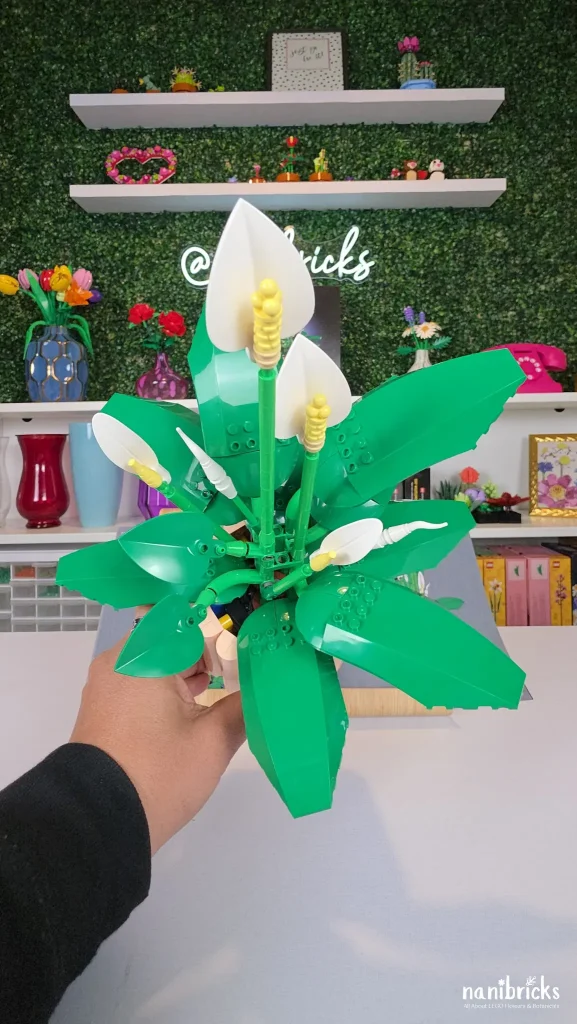 LEGO Botanicals Peace Lily with white blooms and green leaves fully assembled during Bag 4, showing final flower placement and overall shape.