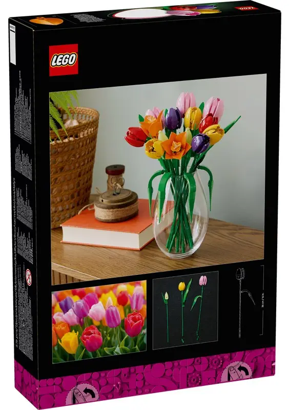 Back of the LEGO Botanicals Tulip Bouquet 11501 box showing the finished display and individual tulip stems
