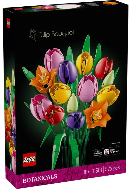 LEGO Botanicals Tulip Bouquet 11501 box showing colorful tulip flowers in pink, yellow, red, purple, and orange
