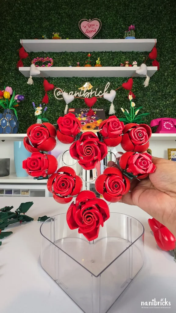 LEGO roses arranged in a heart-shaped vase as a Valentine’s Day LEGO Botanicals DIY