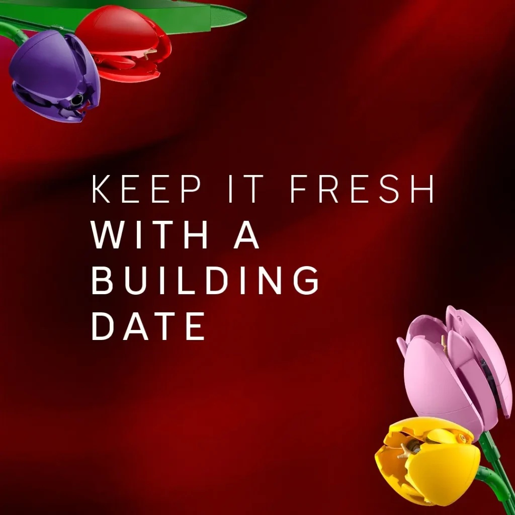 LEGO Botanicals tulip flowers on red background with text “Keep It Fresh With a Building Date”