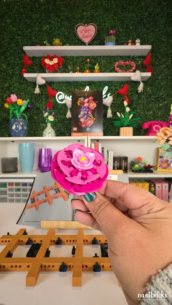 Fuchsia ranunculus flower build from Bag 2 of the LEGO Botanicals Flower Wall (11503).
