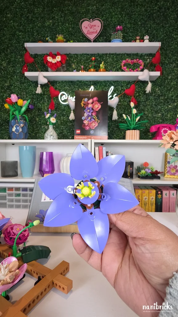 Purple clematis flower build from Bag 7 of the LEGO Botanicals Flower Wall (11503).