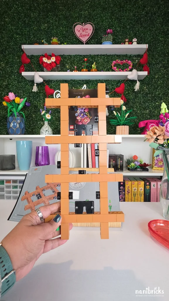 Completed trellis frame from Bag 1 of the LEGO Botanicals Flower Wall (11503) before adding flowers.