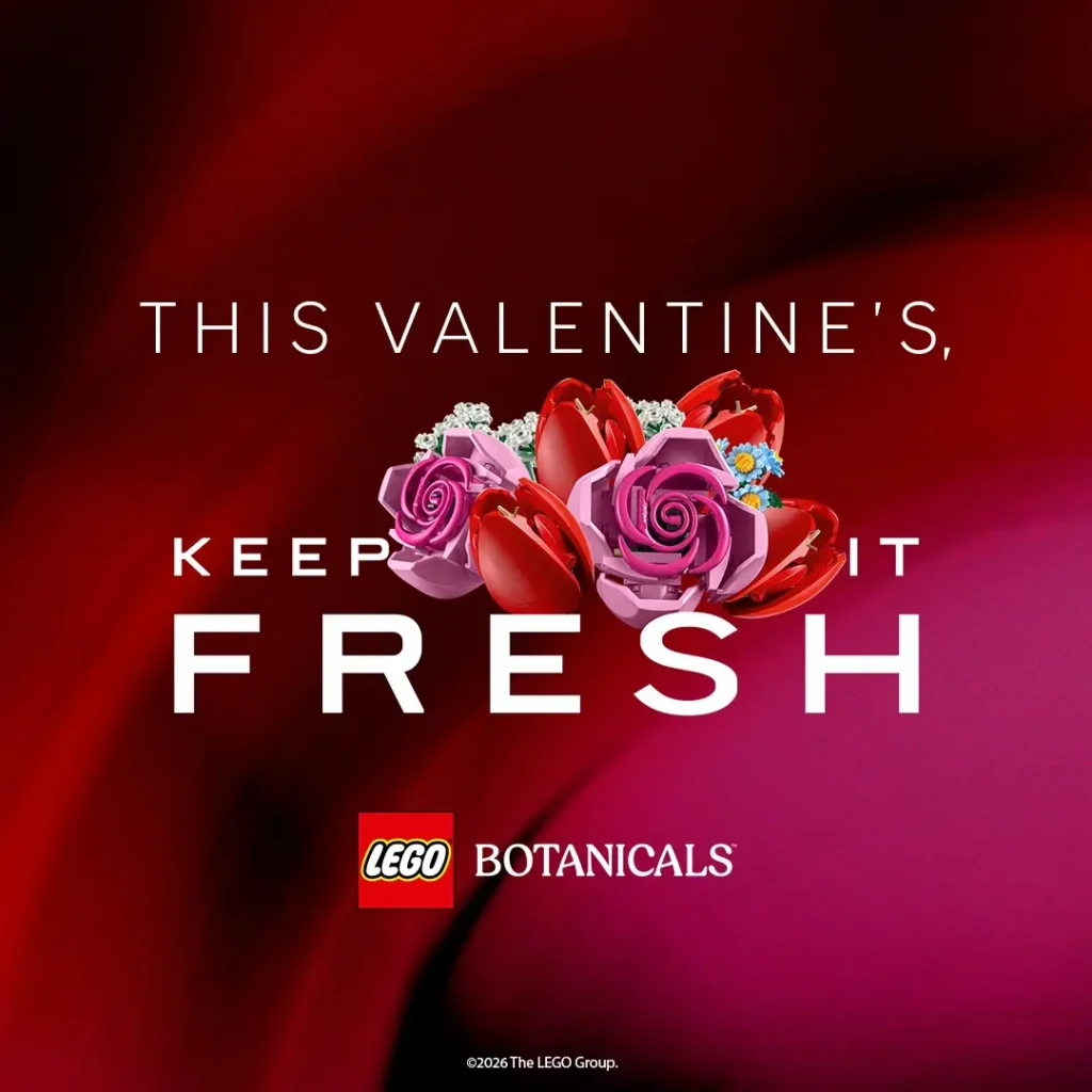 LEGO Botanicals roses on red background with text “This Valentine’s, keep it fresh”