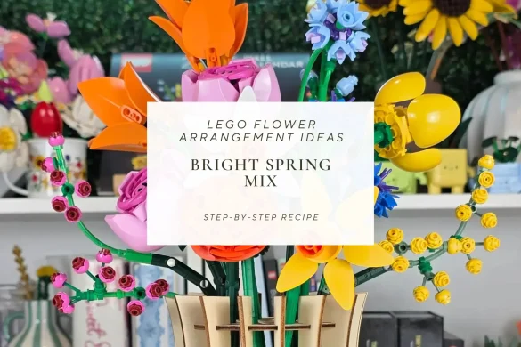 Bright Spring Mix LEGO flower arrangement featuring daffodils, tulips, roses, cornflowers, and larkspur in a wooden puzzle vase