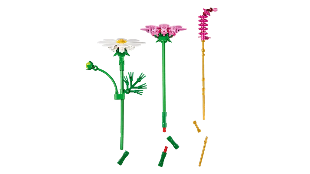 LEGO Botanicals Cosmos Flowers 11514 showing adjustable stems, flower components, and red fountain grass pieces