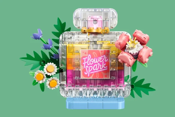 LEGO Creator 3-in-1 Floral Perfume Bottle 31383 display featuring flowers and transparent perfume bottle design