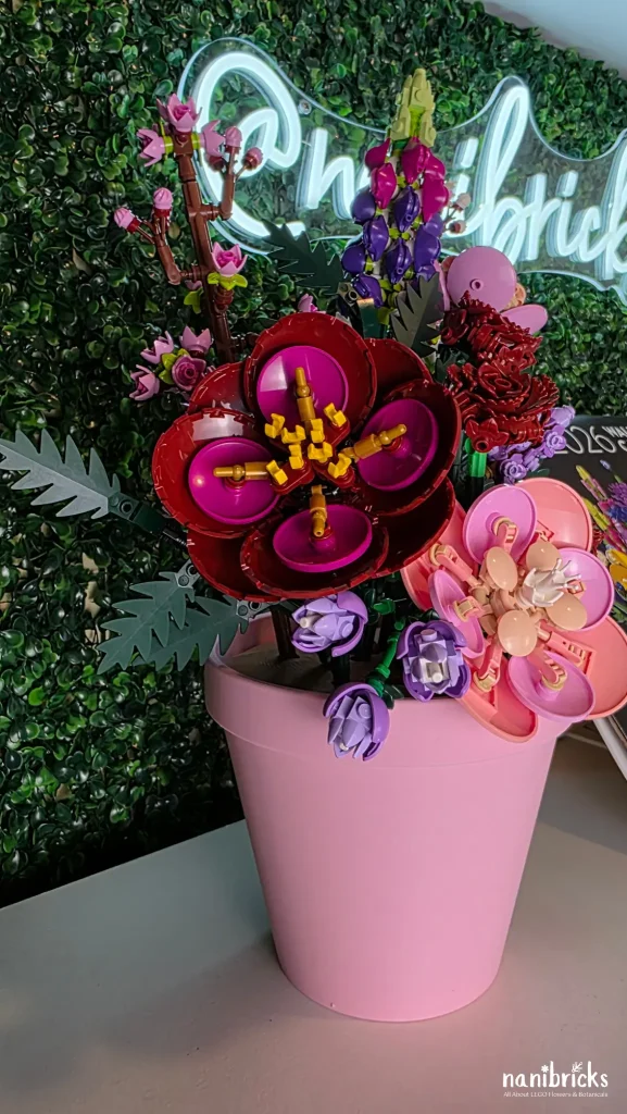 Close-up of Romantic Midnight Garden LEGO flower arrangement showing styling and display details