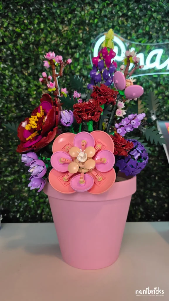 Romantic Midnight Garden LEGO flower arrangement displayed in a pink pot as front-facing home decor