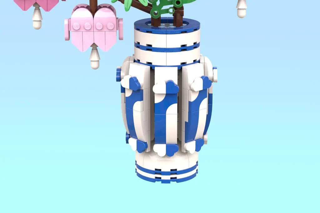 Close-up of the custom blue and white vase from the LEGO Ideas Bleeding Heart Flower project
