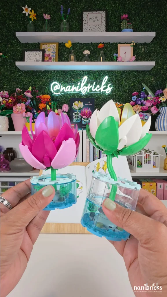 LEGO Botanicals Water Lilies 11511 final display showing the pink and white water lilies in transparent water-effect vases