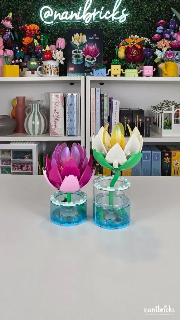 Completed LEGO Botanicals Water Lilies 11511 featuring pink and white water lilies displayed in transparent water-effect vases