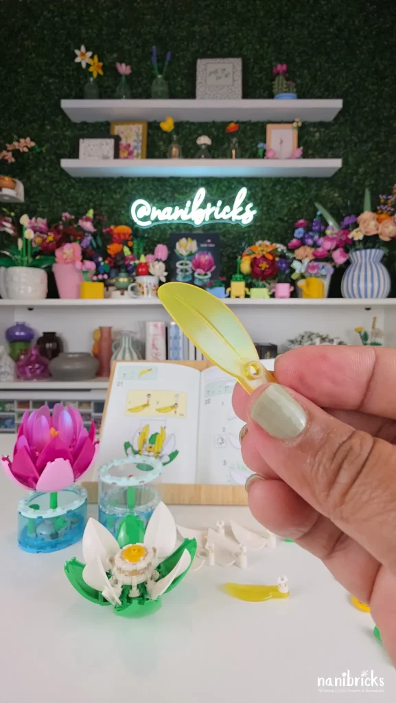 Close-up of an iridescent yellow petal piece used in the LEGO Botanicals Water Lilies 11511 white water lily