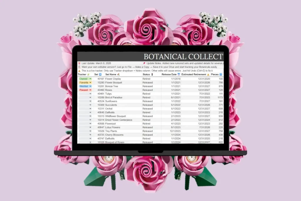 Free LEGO Botanicals collection tracker displayed on a laptop with pink LEGO roses in the background.