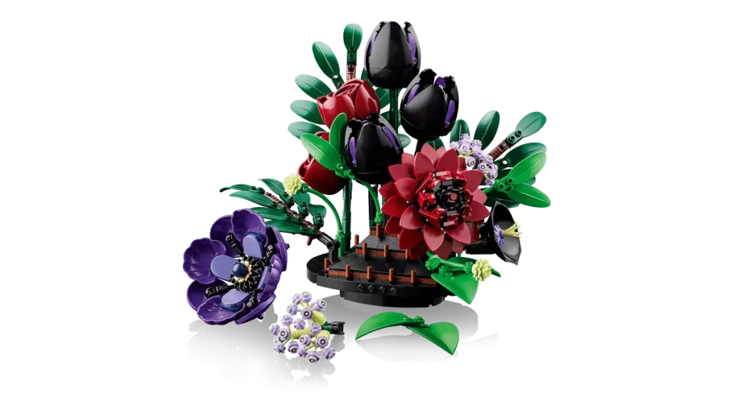 LEGO Botanicals Dark Flower Arrangement (11513) showing removable flowers and modular arrangement components.