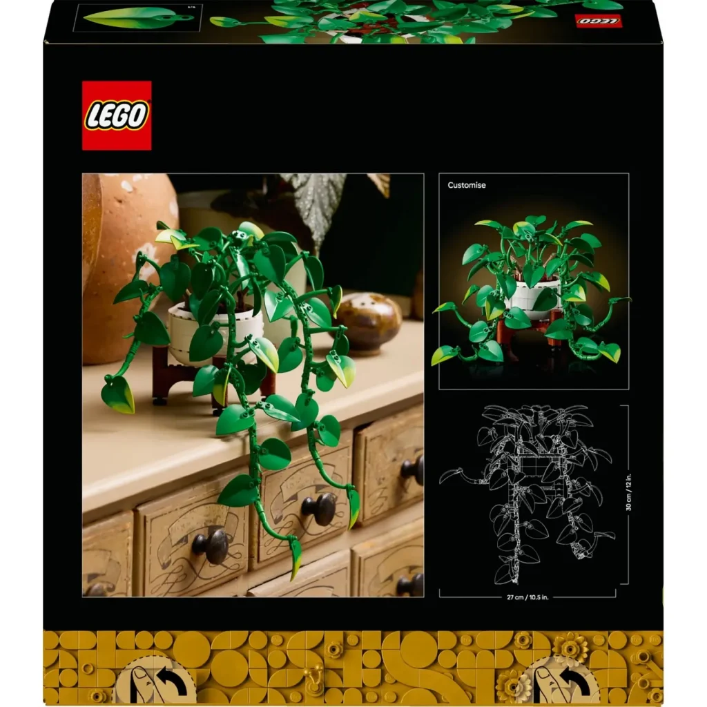 Back box art of LEGO Botanicals Hanging Golden Pothos (11512) showing display options, customization features, and trailing vine configuration.