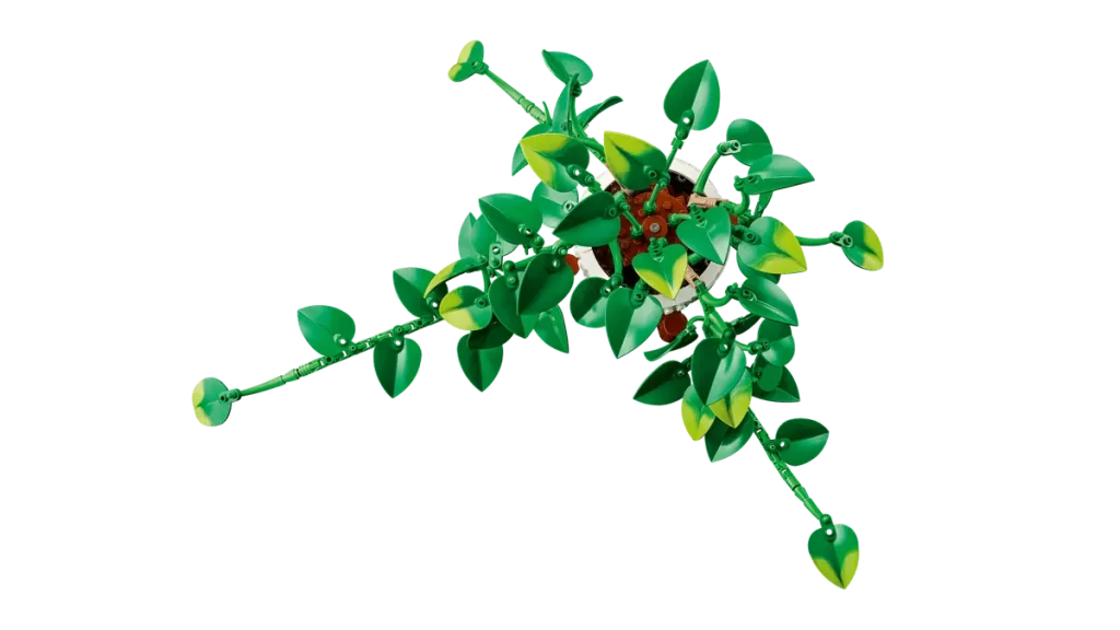 LEGO Botanicals Hanging Golden Pothos (11512) viewed from above showing its cascading vines and variegated green leaves.