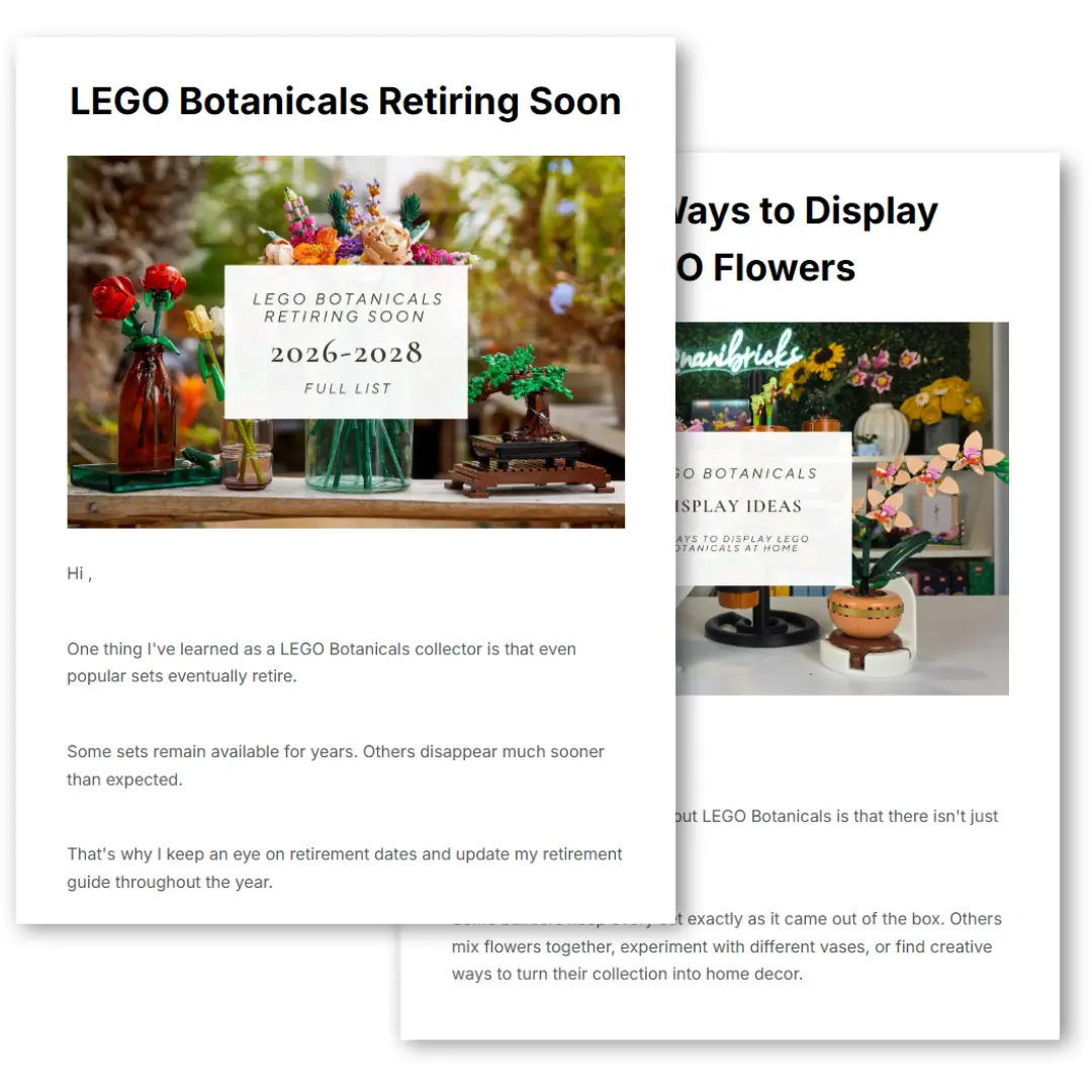 Preview of the nanibricks LEGO Botanicals newsletter featuring free guides, retirement updates, and display ideas.