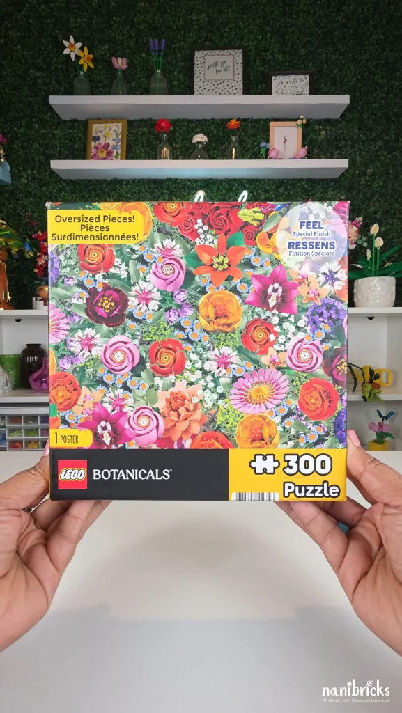 Front of the LEGO Botanicals Oversized Floral Puzzle box featuring a colorful collage of LEGO flowers with 300 oversized pieces