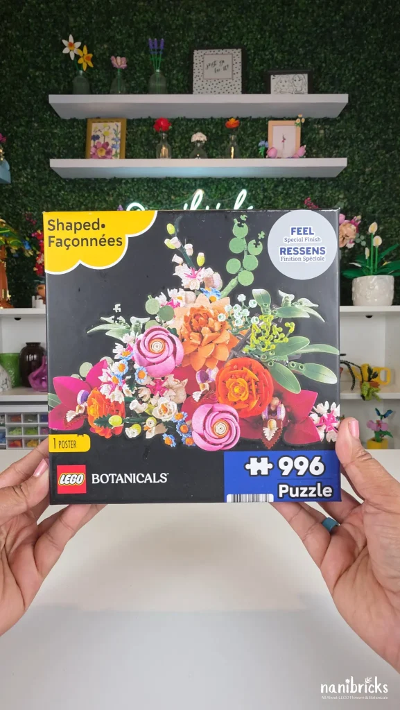 Front of the LEGO Botanicals Pink Bouquet Puzzle box featuring a die-cut bouquet design with 996 pieces